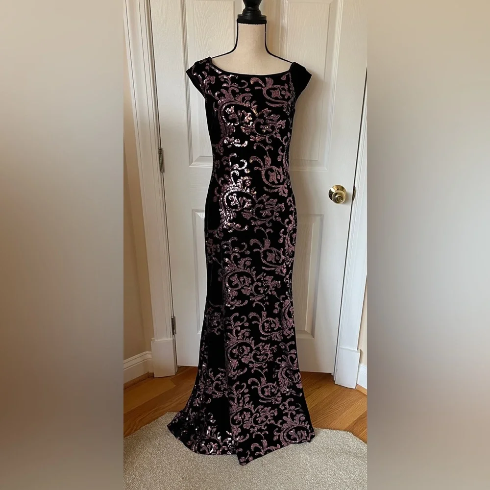 Eliza J. Black π Velvet & Pink Sequin Sleeveless Gown Formal Maxi Dress Sz 6 - Picture 1 of 14